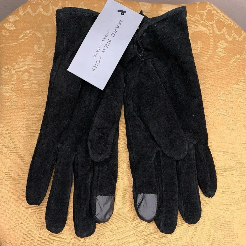 New Small Marc New York Black Leather Suede Gloves Womens Classic Luxury